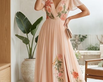 Sukienka maxi w kwiaty w stylu boho: dekolt w serek, wysoki stan, krótki rękaw, strój na wakacje na plaży