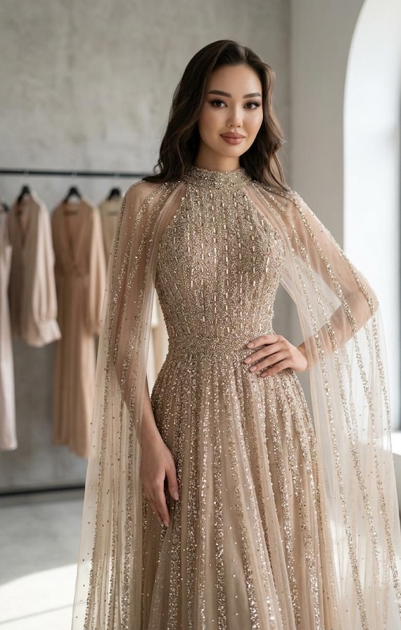 formal dress with sheer cape Champagne Sequin Evening Gown: Ombré Halter Prom and special occasions.