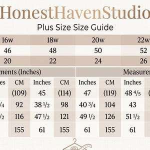 Może przedstawiać: Beżowa tabela rozmiar&oacute;w plus size HonestHavenStudio przedstawiająca rozmiary amerykańskie, europejskie i brytyjskie od 14w do 26w. Tabela zawiera wymiary biustu, talii, bioder oraz długości od wgłębienia do podłogi w calach i centymetrach.