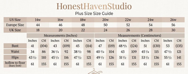 Może przedstawiać: Beżowa tabela rozmiar&oacute;w plus size HonestHavenStudio przedstawiająca rozmiary amerykańskie, europejskie i brytyjskie od 14w do 26w. Tabela zawiera wymiary biustu, talii, bioder oraz długości od wgłębienia do podłogi w calach i centymetrach.