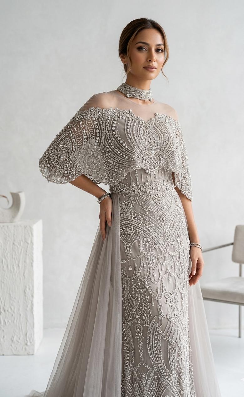 long sleeves muslim party dresses with cape sleeves covered Nude Luxury Long Sleeves Muslim Evening Dresses with Cape SS369A Emerald Green / 22