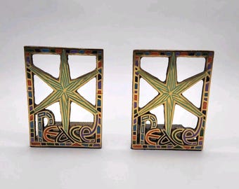 1967 Terra Sancta Guild Fish Israel Emaille op messing "Peace" boekensteunen 5" x 3,75"