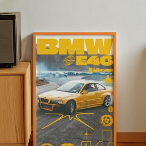 BMW E46 Drift Poster, BMW 3 Series Wall Art, Yellow JDM Style Car Print, Racing Car Poster, Car Lover Garage Decor