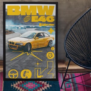 BMW E46 Drift Poster, BMW 3 Series Wall Art, Yellow JDM Style Car Print, Racing Car Poster, Car Lover Garage Decor