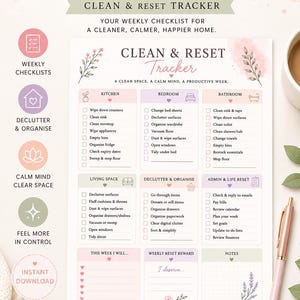 May include: A printable Clean & Reset Tracker checklist with a soft color palette. The tracker includes sections for kitchen, bedroom, bathroom, living space, decluttering, and admin tasks. The text reads "Reset Your Home. Refresh Your Life."