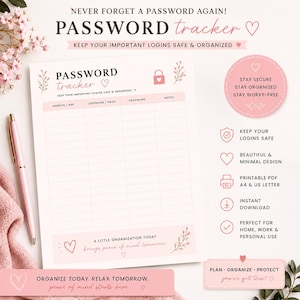 Könnte beinhalten: Ein rosa-weißes, druckbares Passwort-Tracker-Blatt mit Spalten für Website, Benutzername, E-Mail, Passwort und Notizen. Das Dokument enthält ein Vorhängeschloss-Symbol, florale Akzente und den Text: NEVER FORGET A PASSWORD AGAIN! PASSWORD tracker.