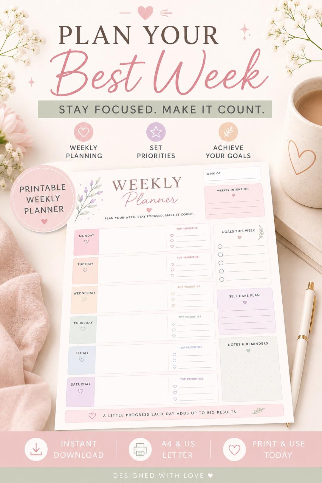 Soft Pastel Weekly Planner Printable | Goal Setting, Self Care ...