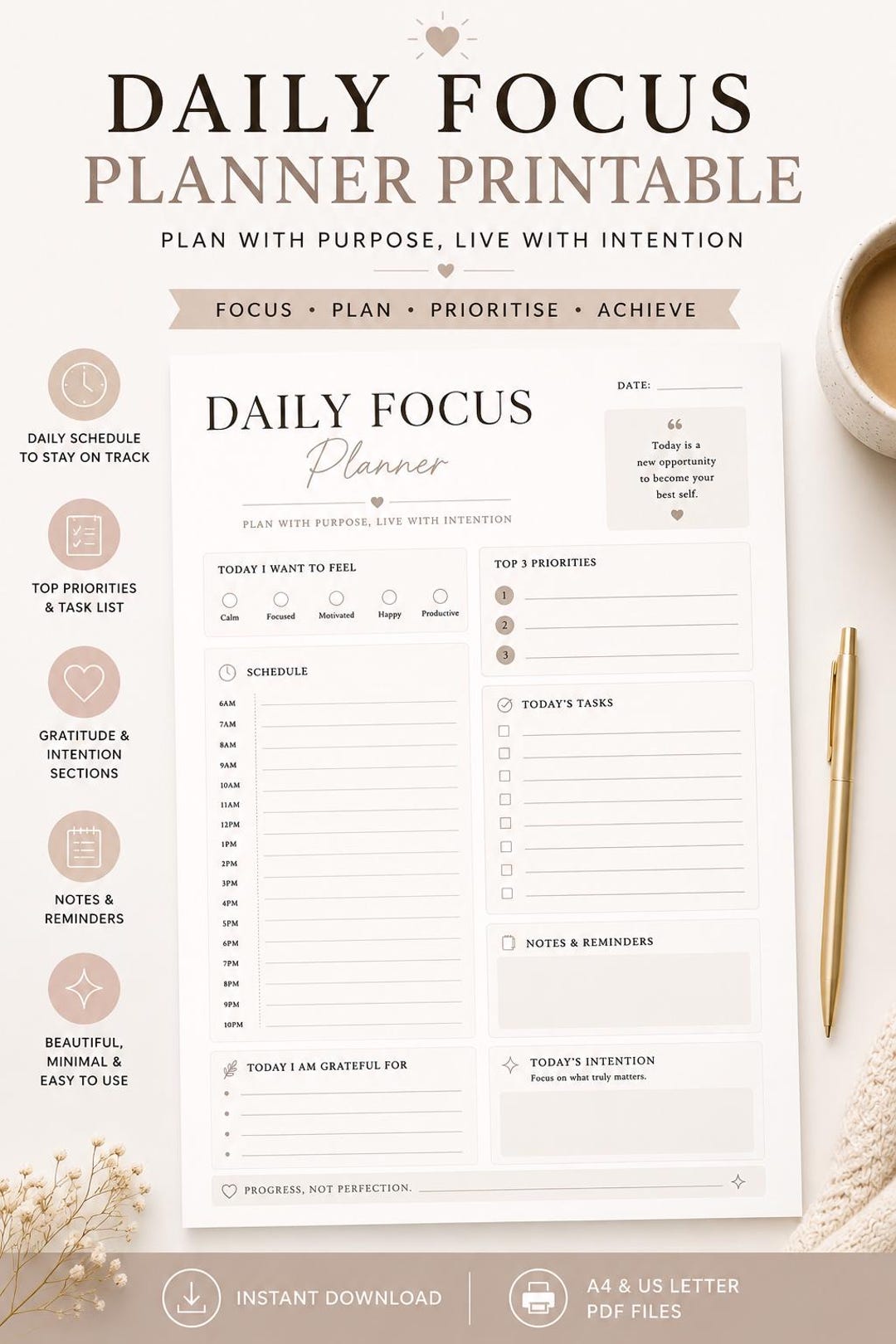 Daily Focus Lettering Daily Focus Planner Printable | Neutral Minimalist Productivity (A4, US ...