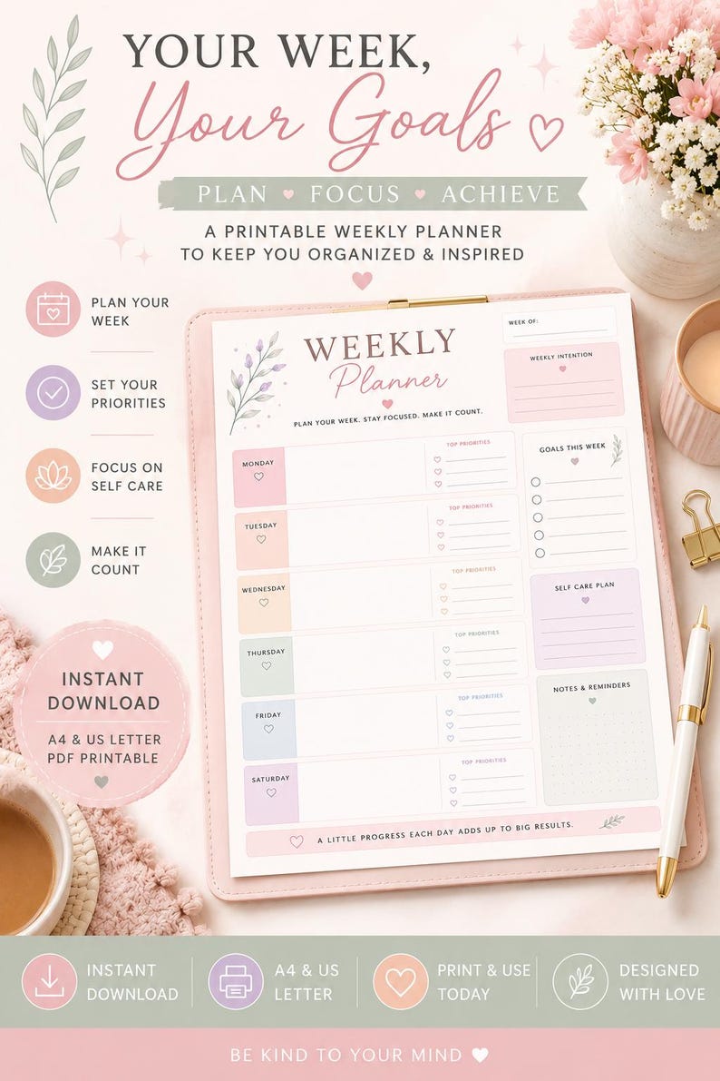 Soft Pastel Weekly Planner Printable | Goal Setting, Self Care ...