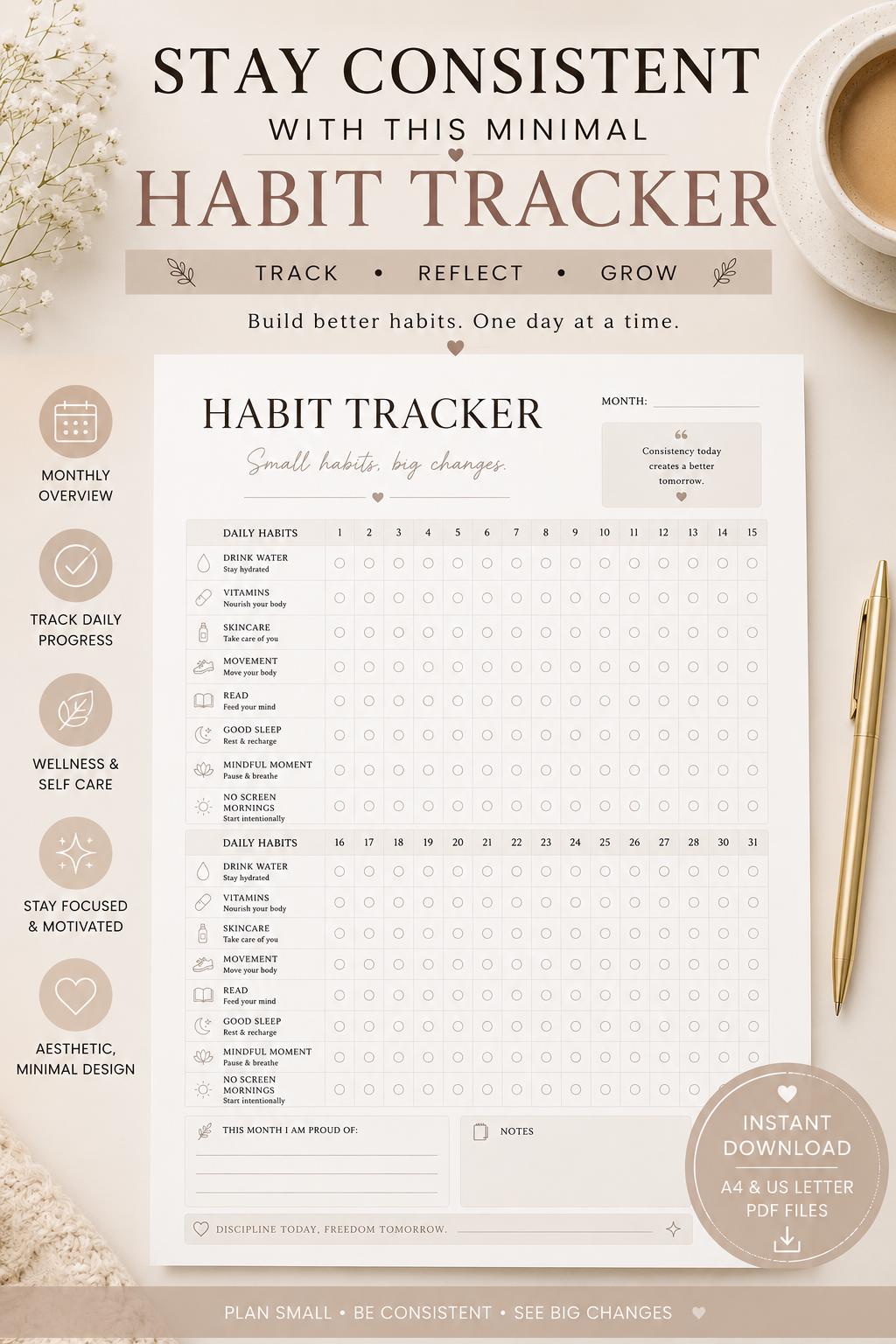 Minimalist Habit Tracker Printable | Monthly Wellness Planner (digital ...