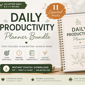 Puede incluir: Un paquete de planificador de productividad diaria con 11 páginas esenciales en formato de 21,59 x 27,94 cm. La descarga digital incluye una portada de planificador con espiral, ilustraciones de hojas y el texto Daily Productivity Planner.