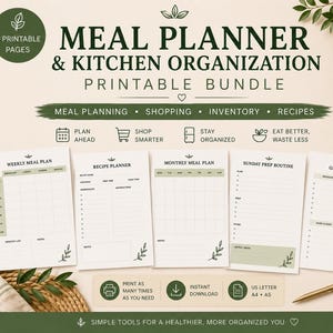 Puede incluir: Un paquete imprimible de planificador de comidas y organización de cocina con nueve páginas que incluyen plan semanal, recetario, plan mensual, rutina de preparación dominical y lista de compras con detalles en verde.