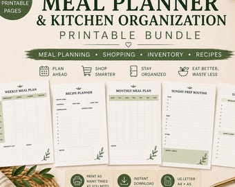 Mahlzeitenplaner-Set zum Ausdrucken, Wochen- und Monatsplaner, Einkaufsliste zum Ausdrucken, Rezeptplaner, Küchenorganisation