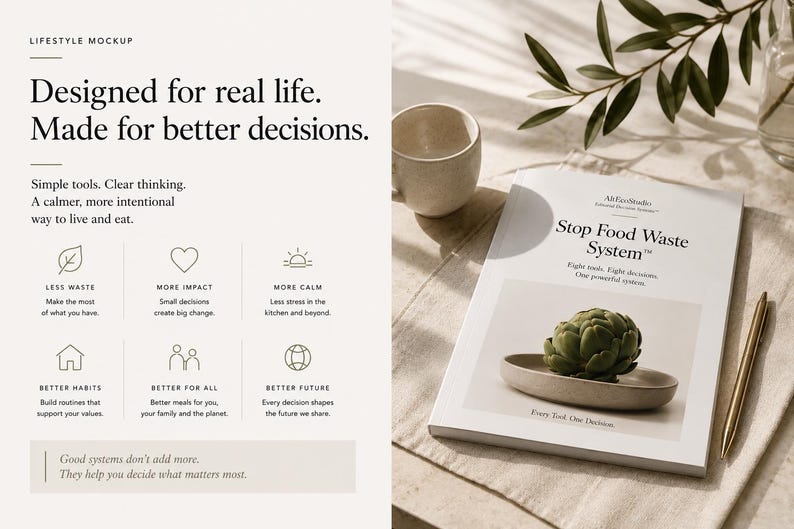 Peut inclure: Un livret blanc intitul&eacute; Stop Food Waste System avec une image d'artichaut sur une assiette. Le texte inclut Designed for real life. Made for better decisions. Simple tools. Clear thinking. A calmer, more intentional way to live and eat.