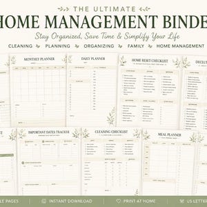Puede incluir: Un conjunto de 11 páginas imprimibles titulado The Ultimate Home Management Binder, que incluye planificador semanal, mensual y diario, listas de control de limpieza y orden, lista de tareas, rastreador de fechas, planificador de comidas y lista de la compra.