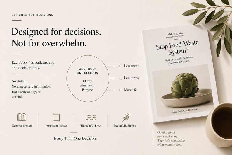 Peut inclure: Un livret informatif blanc intitul&eacute; Stop Food Waste System avec un artichaut sur une assiette en couverture. La page contient du texte incluant Designed for decisions, Not for overwhelm, One Tool One Decision, et des ic&ocirc;nes pour Editorial Design, Purposeful Spaces, Thoughtful Flow, et Beautifully Simple.