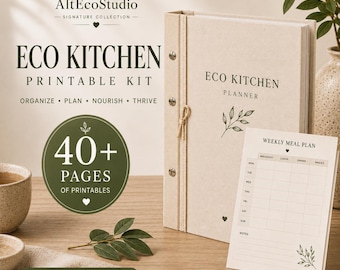 Öko-Küchen-Set zum Ausdrucken | Speiseplan-Bundle | Planer für nachhaltiges Leben | Küchenorganisation | Wellness- und Gewohnheitstracker