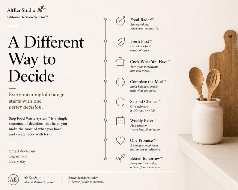 Peut inclure: Une affiche beige intitul&eacute;e A Different Way to Decide par AltEcoStudio. Elle pr&eacute;sente le Stop Food Waste System avec huit ic&ocirc;nes et descriptions. &Agrave; droite, un pot en c&eacute;ramique blanche contient deux cuill&egrave;res en bois pr&egrave;s d'une planche.