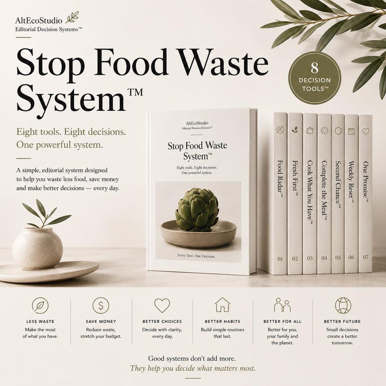 Peut inclure: Un ensemble de livres Stop Food Waste System compos&eacute; de huit volumes blancs avec du texte noir. La couverture montre un artichaut sur une assiette. Les tranches portent des titres comme Food Radar, Fresh First et Cook What You Have.