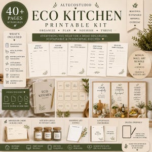 Puede incluir: Un kit imprimible "Eco Kitchen" con más de 40 páginas, que incluye planificadores de comidas, listas de verificación y etiquetas. El kit presenta una paleta de colores neutros con acentos botánicos.