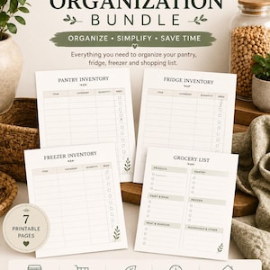 Puede incluir: Un paquete de organización de cocina con hojas imprimibles para inventario de despensa, nevera y congelador, además de una lista de la compra. El diseño incluye texto verde oscuro sobre papel blanco con detalles de hojas y 7 páginas.