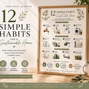 Puede incluir: Un cartel enmarcado titulado "12 Hábitos Sencillos para un Hogar Sostenible". El cartel presenta ilustraciones en acuarela y texto que detalla prácticas ecológicas. El texto incluye "Pequeños cambios que ahorran agua, reducen residuos y crean un hogar más saludable."