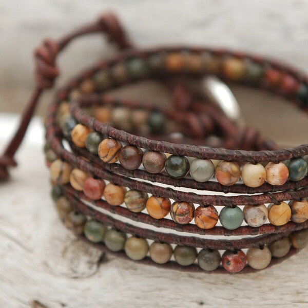 Beaded bracelet. Triple wrap leather bracelet. Picasso jasper leather wrap bracelet with silver plated button. Autumn jewelry. WSR3v020