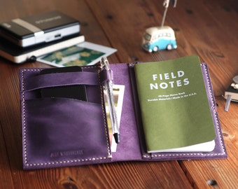 Small Moleskine leather cover. Travel journal cover. Violet color. Field Notes leather case. Notebook case. Travel gift. Travel accessories.