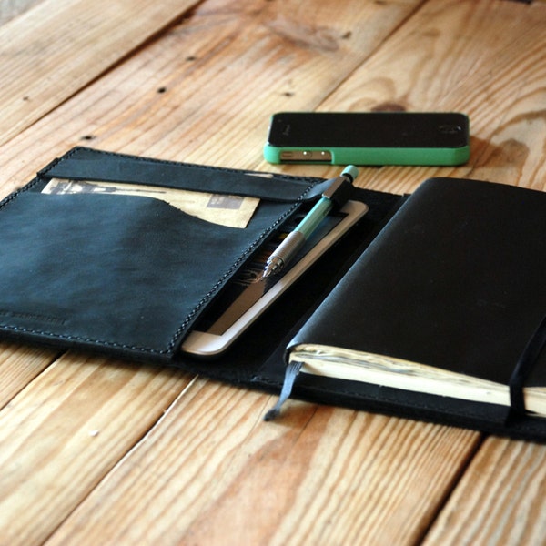 Travel journal cover. Ipad Mini cover. Notebook leather cover black.  Large Moleskine leather cover. Travel accesories. Travel gift.
