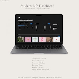 Könnte beinhalten: Ein silberner Laptop zeigt eine dunkel gehaltene Student Life Dashboard Vorlage. Der Bildschirm zeigt einen digitalen Planer mit Abschnitten für Kurse, Aufgaben und Schnellzugriff. Der Text auf dem Bildschirm lautet "Student Life Dashboard" und "Minimal Notion Template for Students."