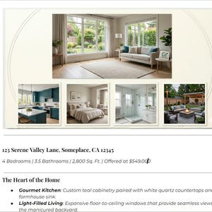 May include: A real estate listing showcasing a home's interior and exterior. The image features a living room with large windows, a kitchen with teal cabinetry, a bedroom, a bathroom, and an outdoor patio. The listing includes the address, number of bedrooms and bathrooms, square footage, and price.
