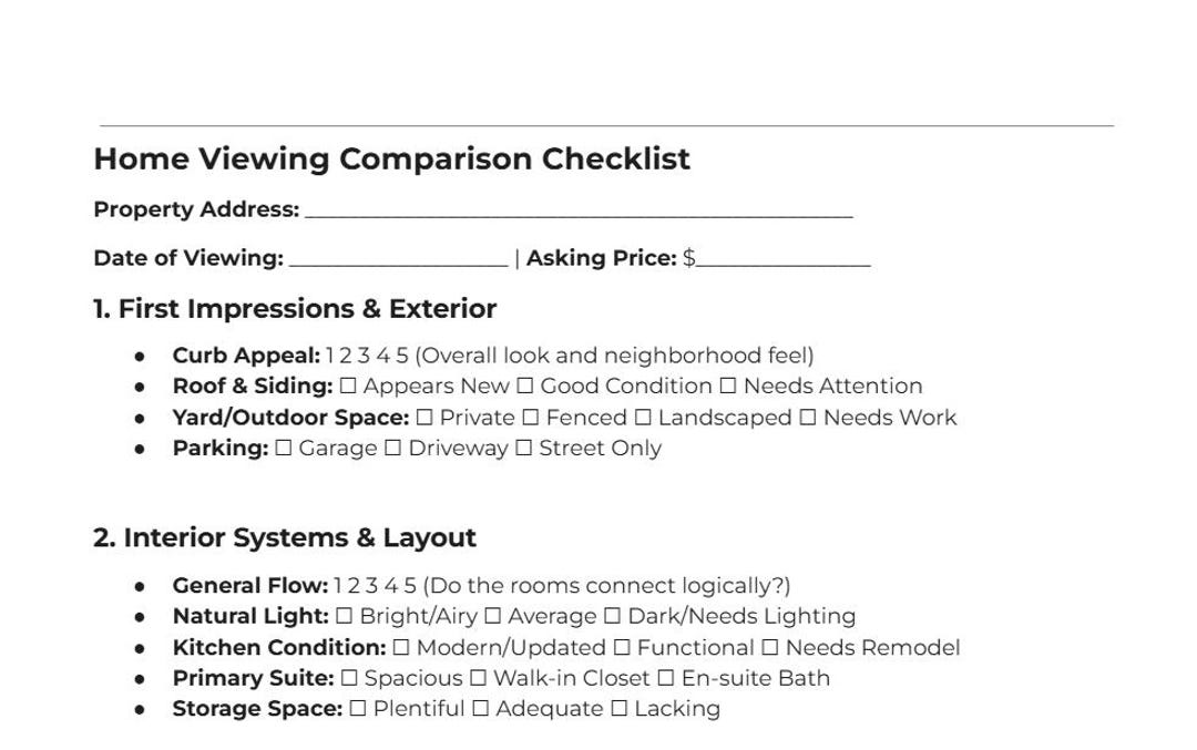 Home Viewing Comparison Checklist | House Hunting Ranking Sheet ...
