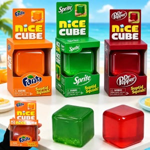 May include: Three Nice Cube toys in boxes, branded Fanta, Sprite, and Dr. Pepper. The boxes are orange, green, and red, respectively, with the cube toys inside. The cubes are orange, green, and red. The text "Nice Cube" and "Suptid Squish!" are visible.