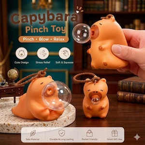 May include: Orange capybara pinch toys with bubbles. The toys have a cute design and are advertised as stress-relieving and soft to squeeze. The text on the image says "Capybara Pinch Toy" and "Pinch, Blow, Relax."