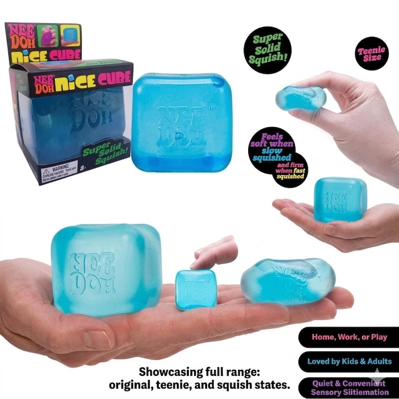 May include: Various sizes of blue Nee Doh Nice Cubes are displayed, including original and teenie versions. The image shows the cubes being held, highlighting their squishy texture. Text on the packaging and cubes reads "Nee Doh Nice Cube" and "Super Solid Squish!"