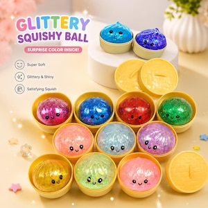 May include: A collection of glittery squishy balls in various colors, each with a smiling face, displayed in small yellow containers. The text "Glittery Squishy Ball" and "Surprise Color Inside!" are visible.