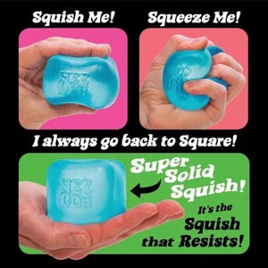 May include: A blue, cube-shaped stress ball with the text "SEE DOH" imprinted on it. The image shows the ball being squished and squeezed, with the text "Squish Me!" and "Squeeze Me!" above the images. The text "Super Solid Squish!" and "It's the Squish that Resists!" are also present.