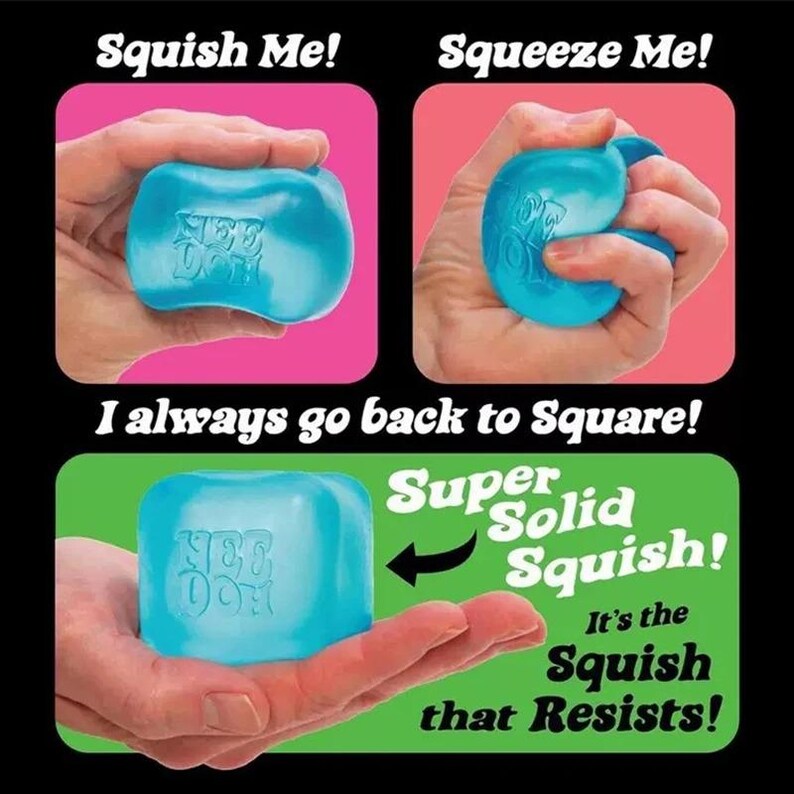 May include: A blue, cube-shaped stress ball with the text "SEE DOH" imprinted on it. The image shows the ball being squished and squeezed, with the text "Squish Me!" and "Squeeze Me!" above the images. The text "Super Solid Squish!" and "It's the Squish that Resists!" are also present.