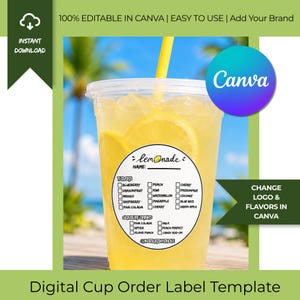 Puede incluir: Un vaso de plástico transparente lleno de limonada amarilla, hielo y una rodaja de limón, con una etiqueta redonda blanca que muestra el texto lemonade, name y una lista de verificación de varios sabores y bebidas con casillas.
