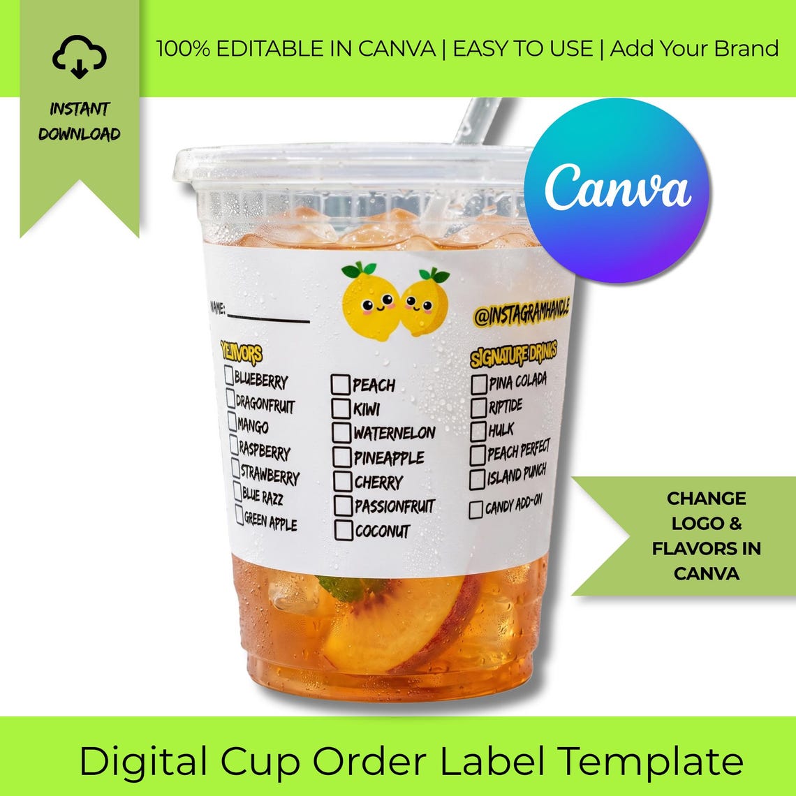 Drink Order Label Template Canva | Editable Cup Label for Lemonade ...