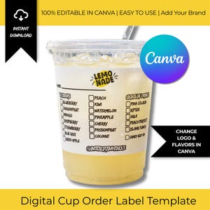 Puede incluir: Un vaso de pl&aacute;stico transparente lleno de l&iacute;quido amarillo y hielo, con una etiqueta impresa que muestra opciones de sabor como ar&aacute;ndanos y melocot&oacute;n. La etiqueta incluye el texto "LEMO NADE" y "Canva". Es una plantilla digital de etiqueta de pedido de taza.