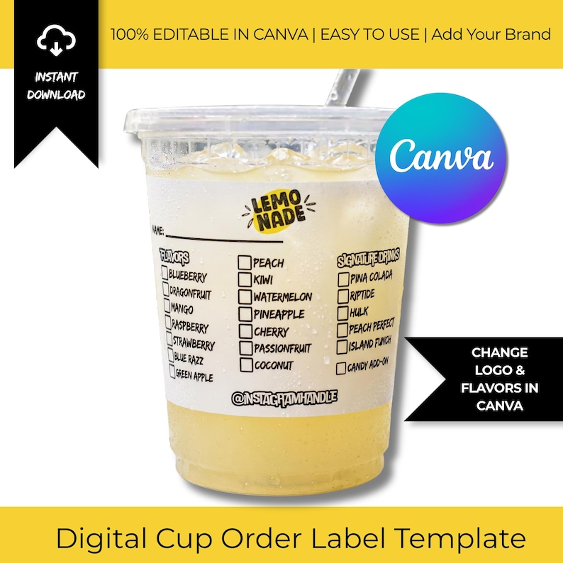 Puede incluir: Un vaso de pl&aacute;stico transparente lleno de l&iacute;quido amarillo y hielo, con una etiqueta impresa que muestra opciones de sabor como ar&aacute;ndanos y melocot&oacute;n. La etiqueta incluye el texto "LEMO NADE" y "Canva". Es una plantilla digital de etiqueta de pedido de taza.