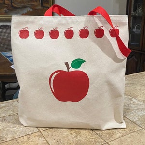 Apple Print Canvas Market Bag, Flat Style Tote Bag, Teacher Gift, Canvas Market Tote, Market Bag
