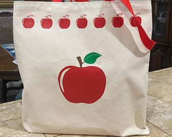 Apple Print Canvas Market Bag, Flat Style Tote Bag, Teacher Gift, Canvas Market Tote, Market Bag