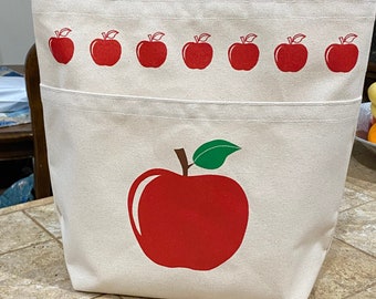 Apple Pocket Market Bag, Canvas Tote Bag With a Front Pocket, Teacher Gift, Canvas Market Tote, Market Bag, Tote Bag