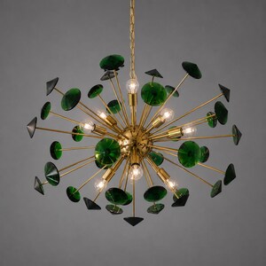 May include: A sputnik-style chandelier featuring a central brass sphere with radiating arms. Each arm terminates in a circular, translucent emerald green glass disc or a small black cone. Several clear light bulbs are integrated into the fixture.