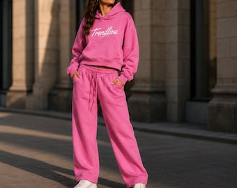 Roze cropped hoodie trainingspak set voor dames, wijde joggingbroek set, oversized fleece lounge set, trendy co-ord outfit