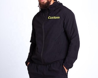 Kundenspezifischer schwarzer Trainingsanzug für Herren, leichtes Windbreaker-Jogger-Set, personalisierter Streetwear-Sportanzug