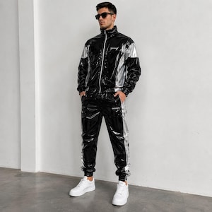 Herr Svart Silver PVC Träningsoverall Glansig Vinyl Jogger Set Y2K Streetwear Techwear Rave Outfit Wetlook Träningsoverall
