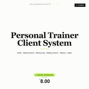 Könnte beinhalten: Ein digitaler Download mit dem Titel "Personal Trainer Client System" mit dem Text "Intake, Measurements, Workout log, Weekly check-in, Macros + sleep." Der Etsy-Shop-Name ist "BUILDBENCHSTUDIO". Der Download enthält 5 Formulare.